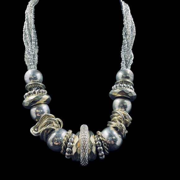 Chunky Beaded Statement Necklace Silver Gold Mixed Metal Boho Bold Jewelry Trend - Picture 3 of 9